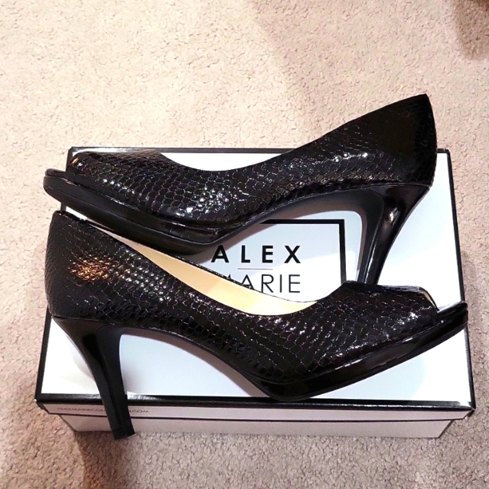 Alex Marie Black Patent Snakeskin Peep-Toe Heels